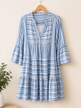 Avara Blue Striped Mini Dress - Casual V-Neck Tiered Dress XL